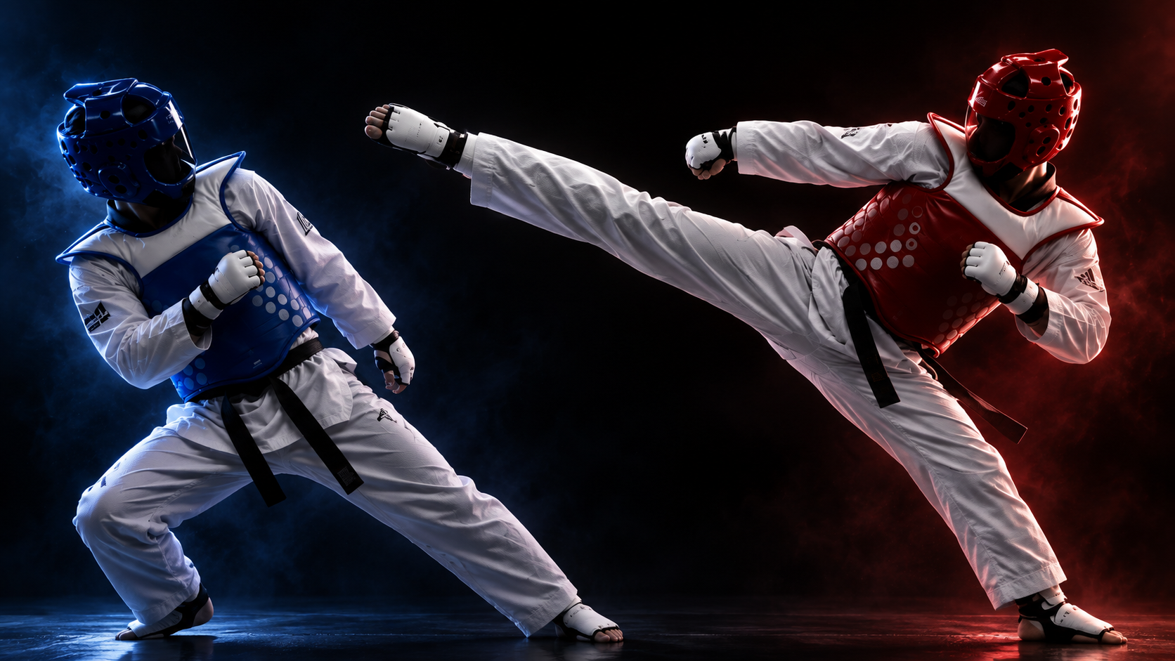 Competidores de taekwondo en azul y rojo